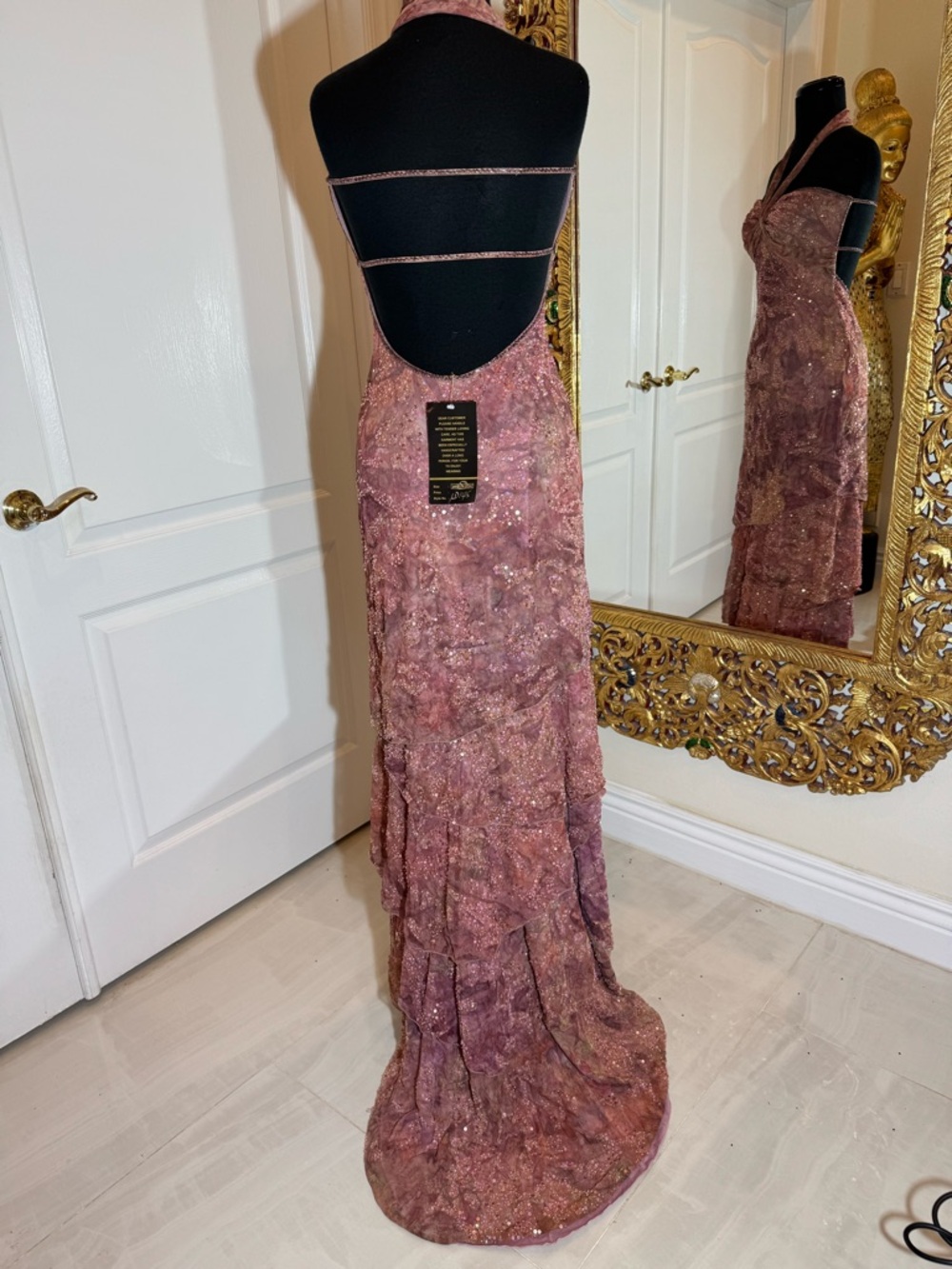 Sparkling hand beaded, layered skirt Mauve Halter Maxi Dress stretch fabric - Picture 14 of 16